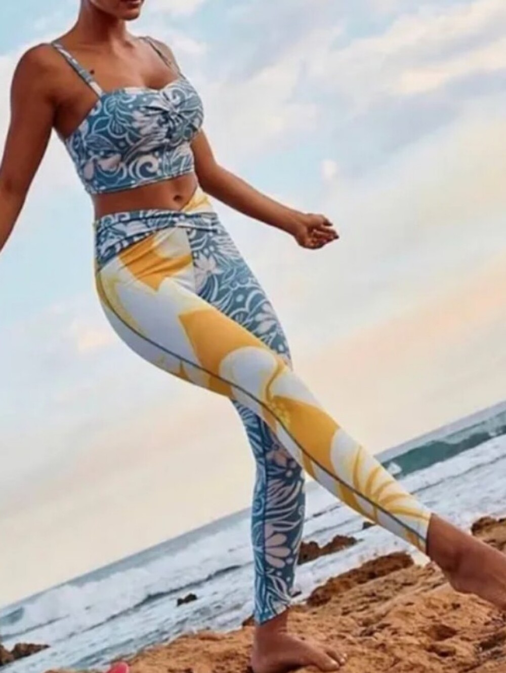 FP Movement Free People Split Print Crossover Waist Leggings Floral Yellow S
